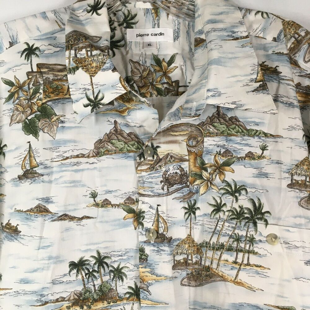 Pierre Cardin‎ Shirt Mens Sz XL Beige Tropical  Cotton Short Sleeve Button Up - Picture 2 of 9